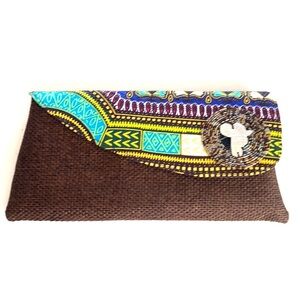 African printed brown woven clutch purse